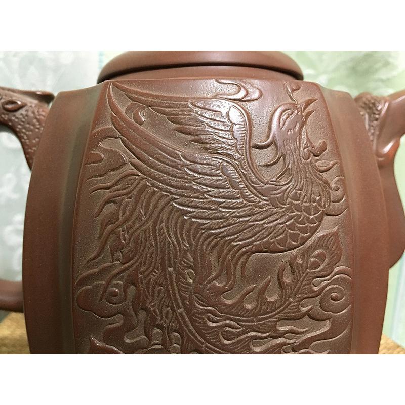 中国 欽陶居 急須 No.45 四方龍型 龍鳳 浮き彫り 紫泥 白泥 紫砂 茶壷