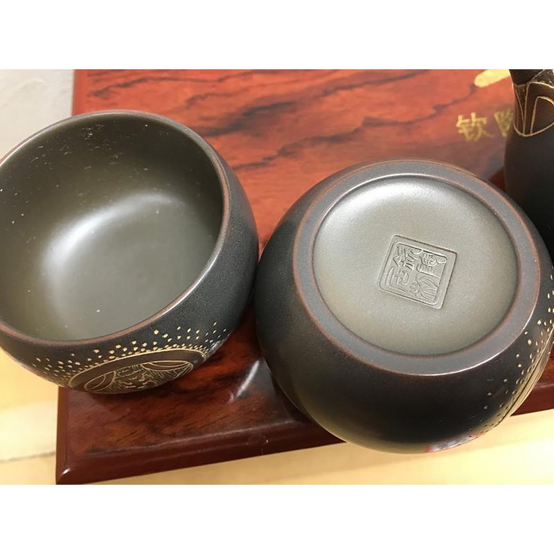 中国 欽陶居 No.64 黄新 吉祥如意柄 急須 湯飲み茶碗 4客セット 紫泥