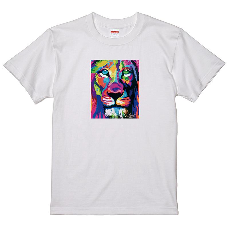 ライオン 獅子 Tシャツ 白地 イラスト 絵画 カラフル LC27 タテ正面