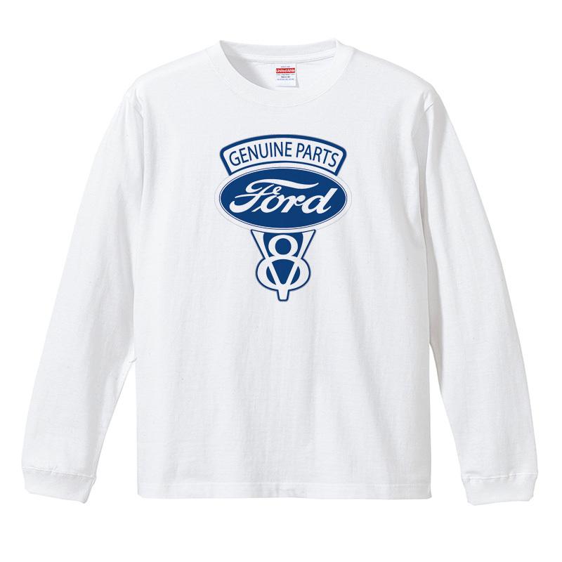 V8 フォード ロングTシャツ リブ付き 白 (S/M/L/XL) 長袖 マスタング 