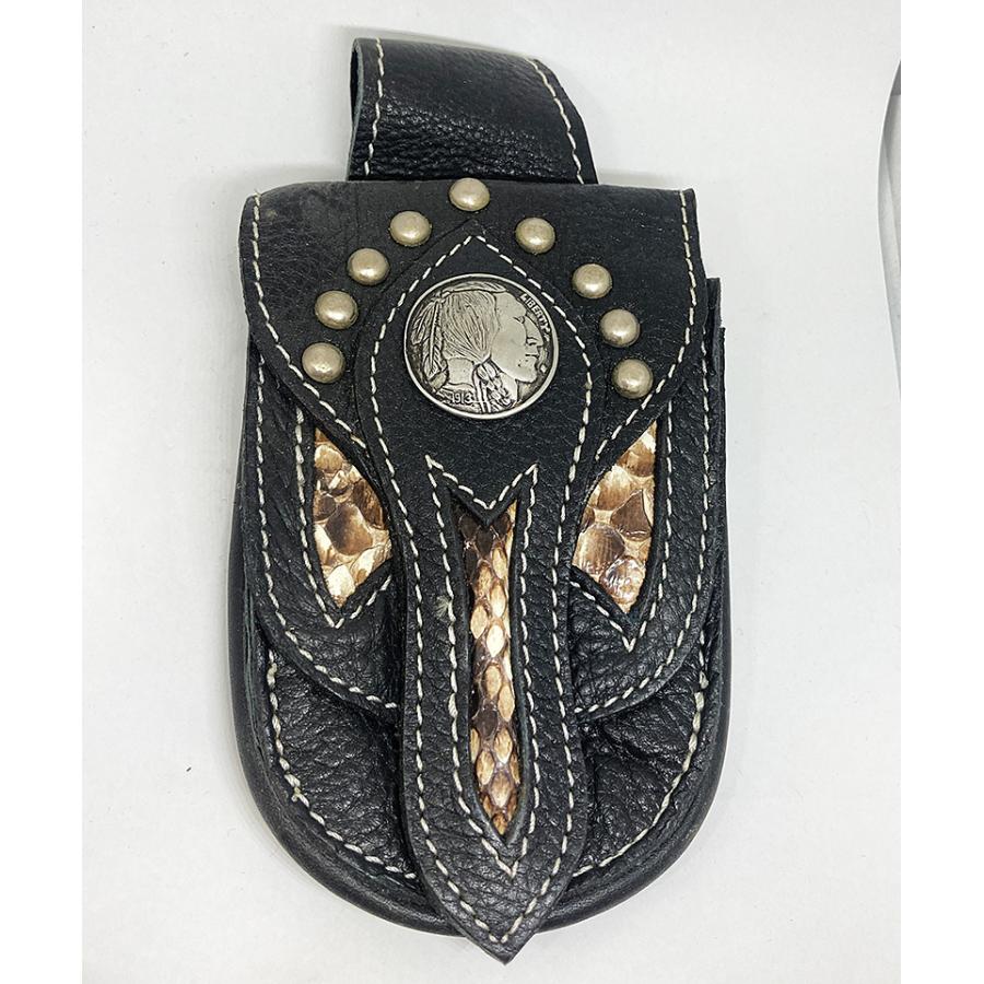 ハンドメイド 牛革 × パイソン メディスンバッグ 黒 D インディアン