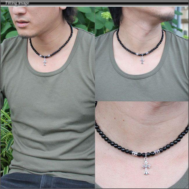ネックレス メンズ オニキス 6mm パワーストーン シルバー925製クロス