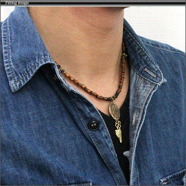 ネックレス メンズ 天然石 ウッドビーズ アクセサリー ブラス製マリア