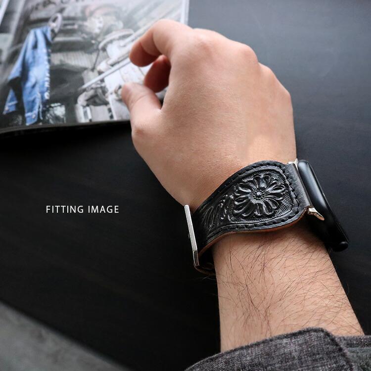 Apple Watch 用バンド 42mm 44mm 8/7/6/SE/5/4/3/2/1 DaysArt フラワーカービング 本革 サドルレザー メンズ | DAYSART | 17