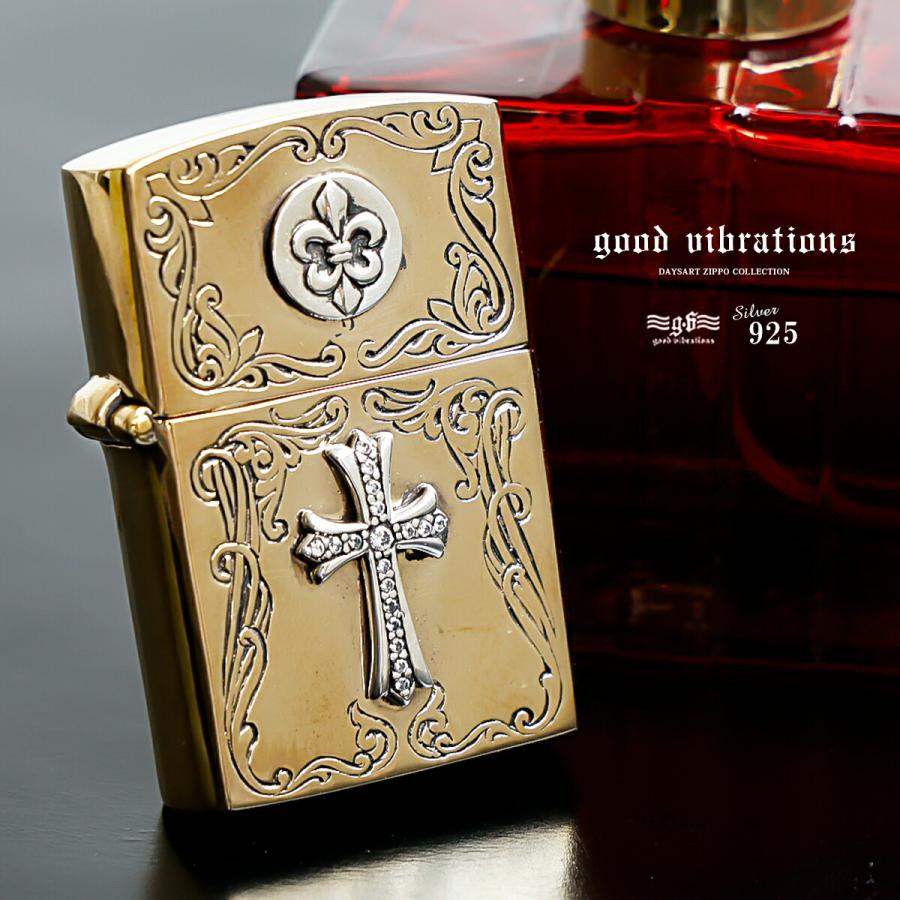 good vibrations Zippo ジッポライター クロス 十字架 ユリ 紋章 シルバー925 ブラス 真鍮 アンティーク調 メンズ レディース 正規品 ギフト | 