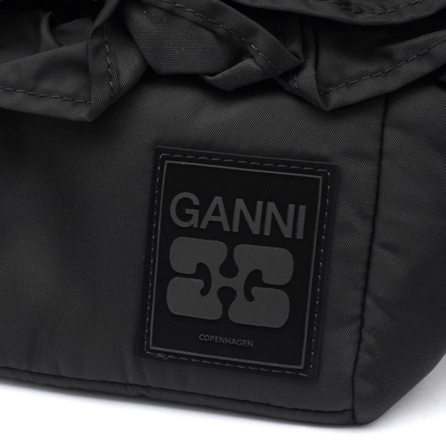 GANNI ガニー ブラックミニラッフルトートバッグ ショルダーストラップ付き レディース Mini Shopper Ruffle BLACK 099 A7187の画像