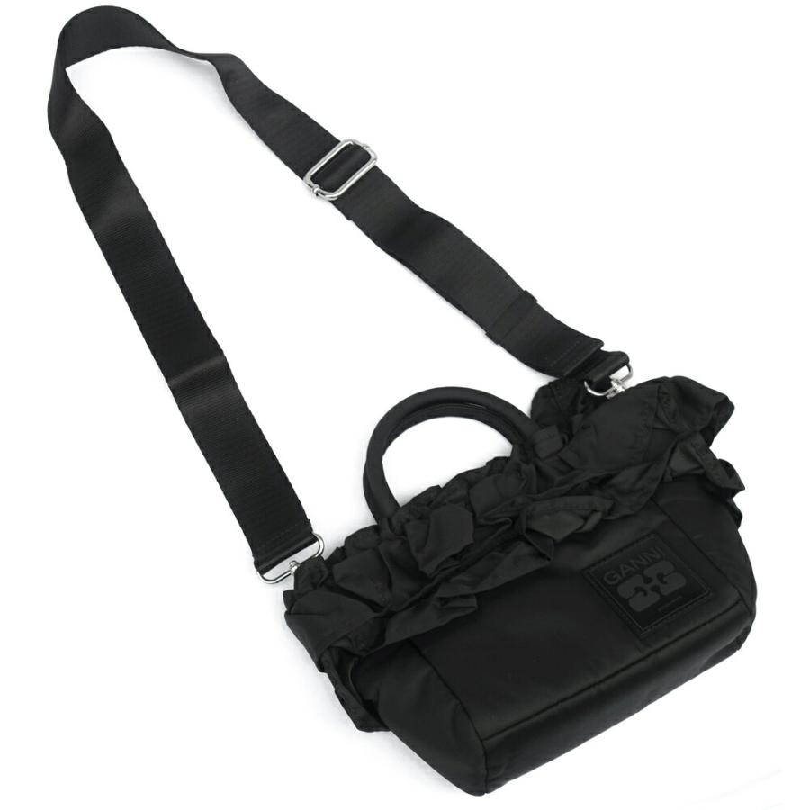 GANNI ガニー ブラックミニラッフルトートバッグ ショルダーストラップ付き レディース Mini Shopper Ruffle BLACK 099 A7187の画像