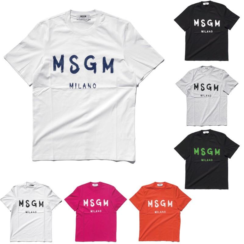 MSGM メンズ ブラッシュペイントロゴTシャツ クルーネック 半袖 