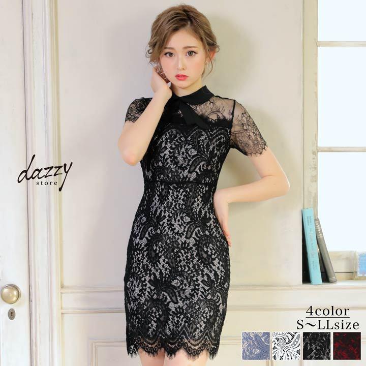 キャバ ドレス リボン 襟付き モノトーン レース タイト ミニ ドレス :al70014:dazzy store - 通販 -  Yahoo!ショッピング