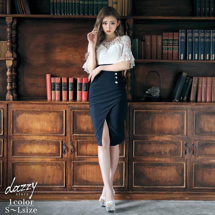 キャバ ドレス バイカラー レース フレア スリーブ タイト 膝丈 ドレス