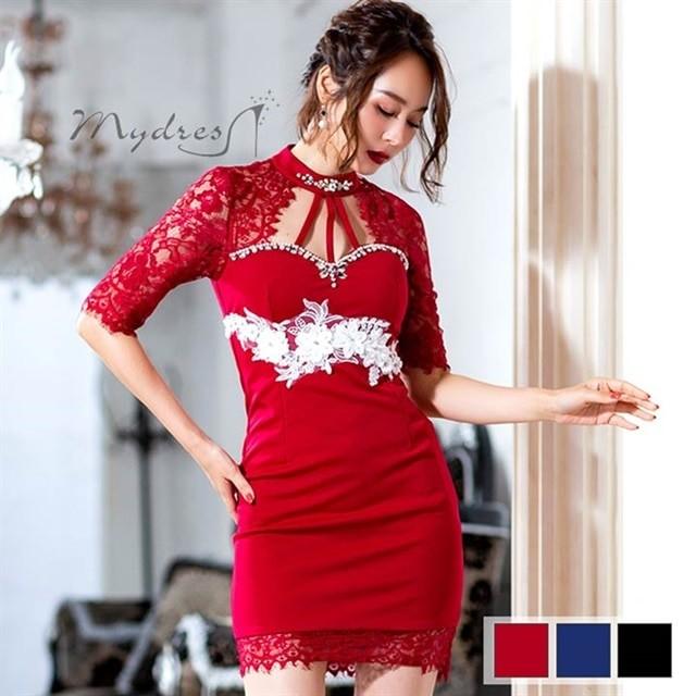 キャバ ドレス ミニ キャバドレス ワンピース ナイトドレス Mydress デコルレース タイト ミニドレス 赤 紺 黒 透け ハイウエスト レ Ax Dazzy Store 通販 Yahoo ショッピング