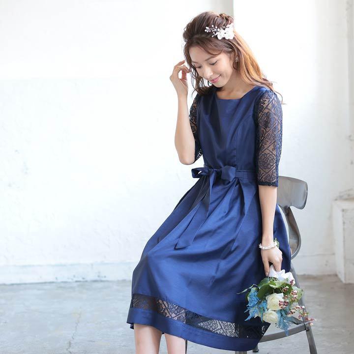 ドレス 結婚式 パーティードレスレース 袖付き ワンカラー リボン Aライン 膝丈 ドレス Bx050 Dazzy Store 通販 Yahoo ショッピング