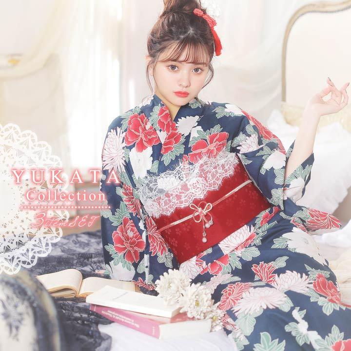 浴衣 セット 牡丹 X 菊 柄 浴衣 帯 下駄 3点 セット Yukata By Dazzy Ec Dazzy Store 通販 Yahoo ショッピング