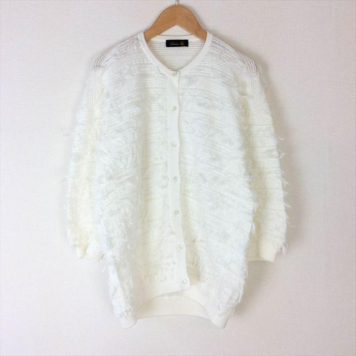 Drawer ドゥロワー ジャガードフリンジ7Gカーディガン ホワイト 白
