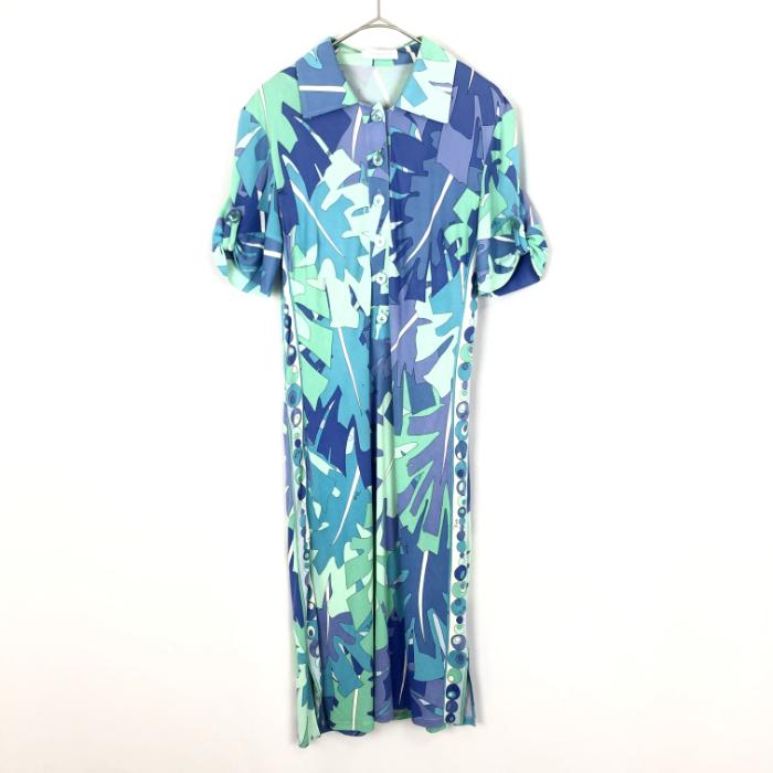 中古】エミリオプッチ Emilio Pucci ワンピース 柄 襟付き 半袖 ブルー  