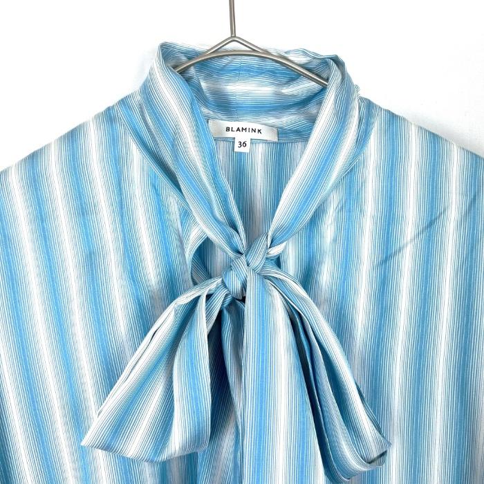 ブラミンク BLAMINK ブラウス ボウタイ ストライプ シルク 水色 白 ブラミンク BLAMINK ブラウス ボウタイ ストライプ シルク 水色
