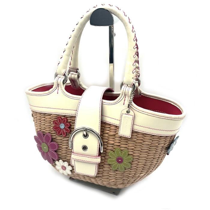 コーチ COACH かごバッグ レザー バイカラー お花 編込み ベージュ  