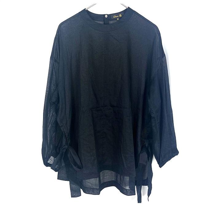 ドゥロワー　シルク混　半袖ブラウス　パフスリーブ　ギャザー　ネイビー　36 ドゥロワーシルク混半袖ブラウスパフスリーブギャザーネイビー36