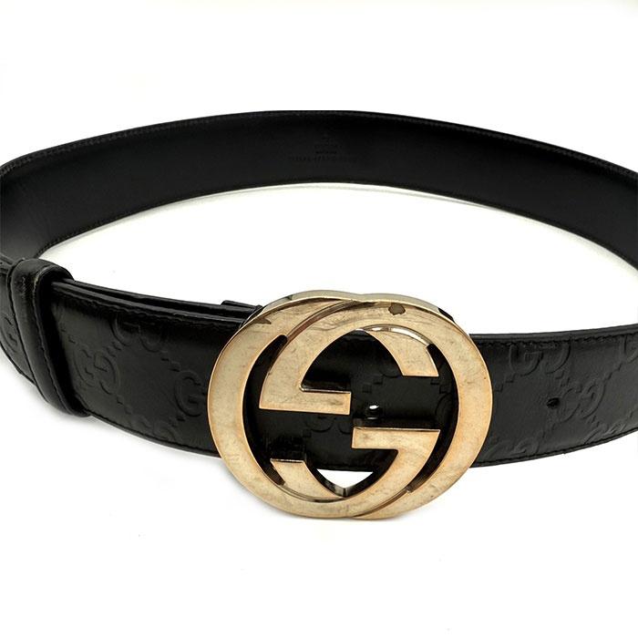 GUCCI イタリア製 ブラックレザーベルト ロゴゴールドバックル GUCCI ブラックレザーベルト ゴールドGGロゴ