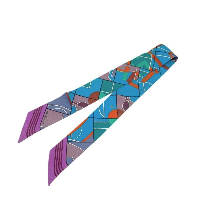 HERMES 幾何学模様 ツイリー　スカーフ エルメス HERMES ツイリー スカーフ スリム 幾何学模様 ブルー