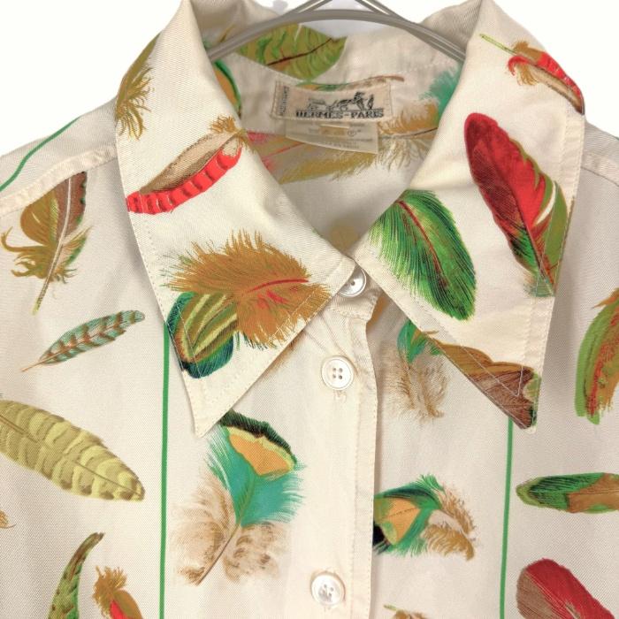 エルメス HERMES シルクブラウス PLUMES 羽 フェザー柄 アイボリー 