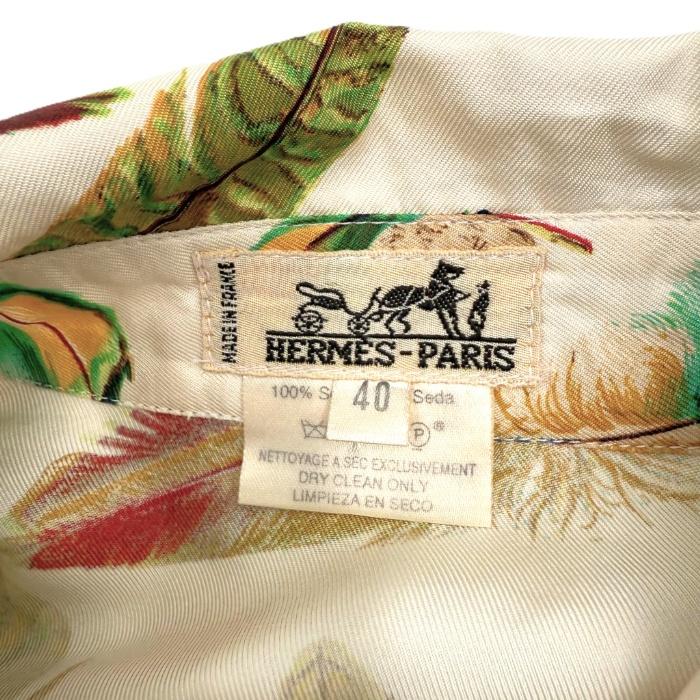 エルメス HERMES シルクブラウス PLUMES 羽 フェザー柄 アイボリー 