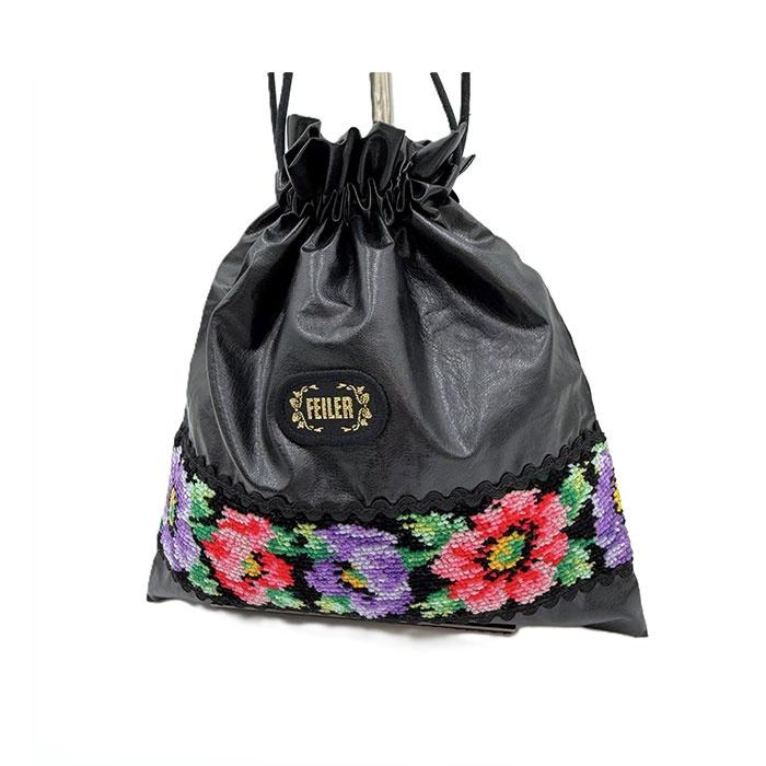 フェイラー FEILER ポーチ 巾着 レザー調 花柄 可愛い ブラック マルチ