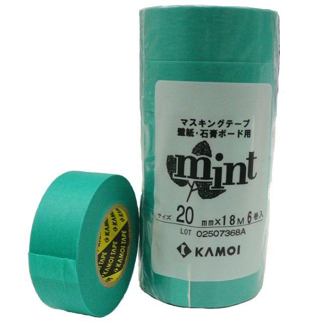 紙テープ】6巻入り、カモイ マスキングテープミント、巾20mm×長18m