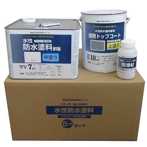 アトムハウスペイント　水性防水塗料8平方メートルセット　FRP・塗膜防水下地用　中塗りホワイト　上塗り遮熱グレー　8m2セット