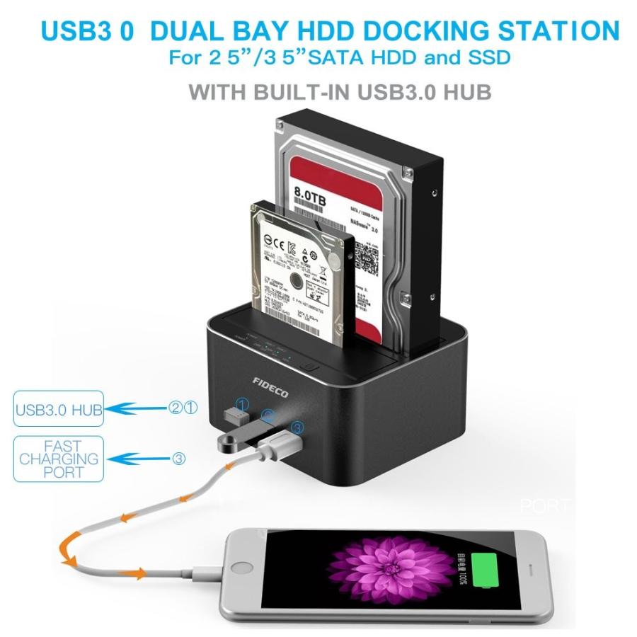 FIDECO HDDクローンスタンド HDDスタンド 高速USB3.0対応 ストーレジ・クローン・USBハブ・クイックチャージの4in1機能付き｜dct-shop｜04