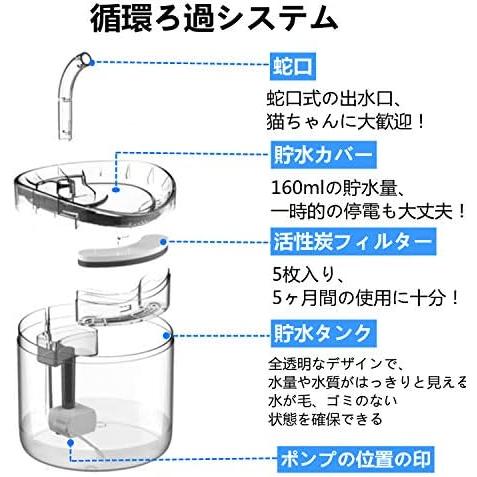 猫自動給水器 蛇口型 循環式 ペット 自動給水機 超静音 水飲み器 猫犬兼用 防水 お留守番対応 活性炭フィルター5枚入 1.8L大容量 全透明 清掃｜dd-world｜05