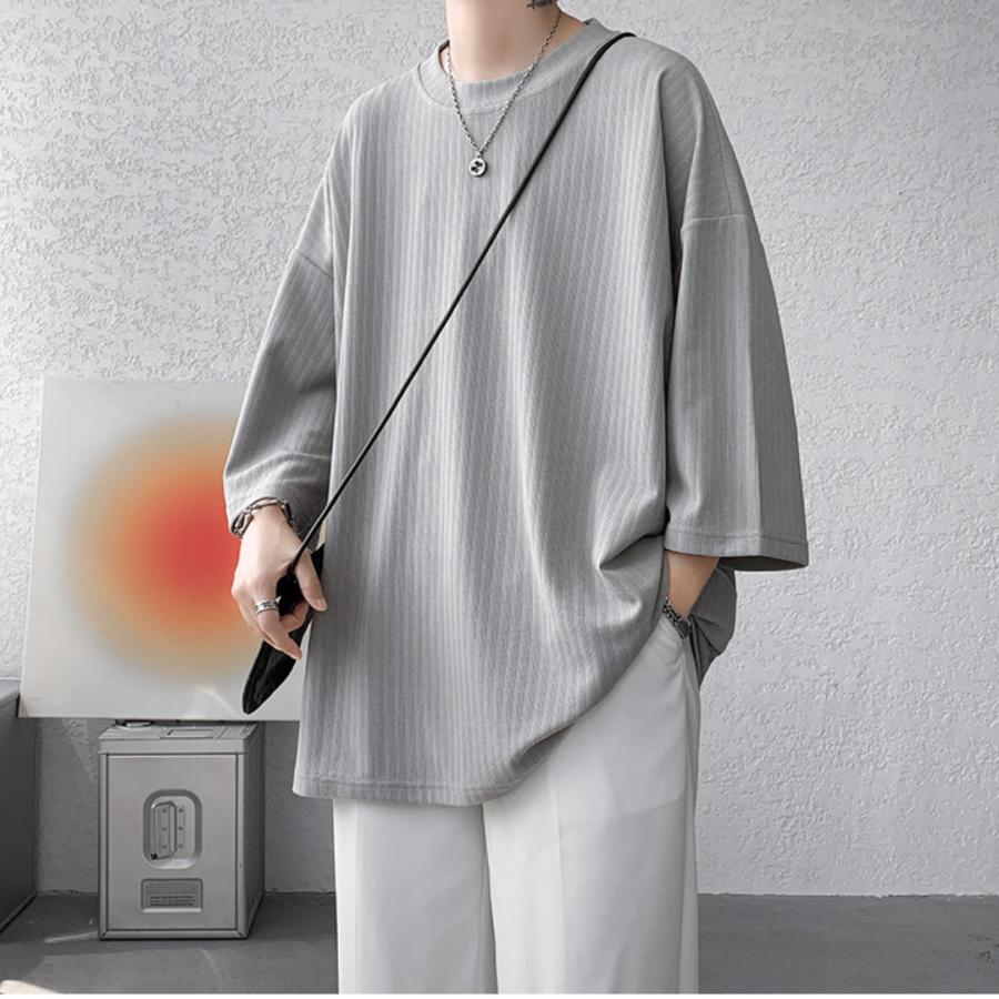 tシャツ 半袖 メンズ 無地 パイル地 秋コーデ ストライプ カットソー トップス ドロップショルダー オーバーサイズ 2024 新作　白T　黒T | ブランド登録なし | 09