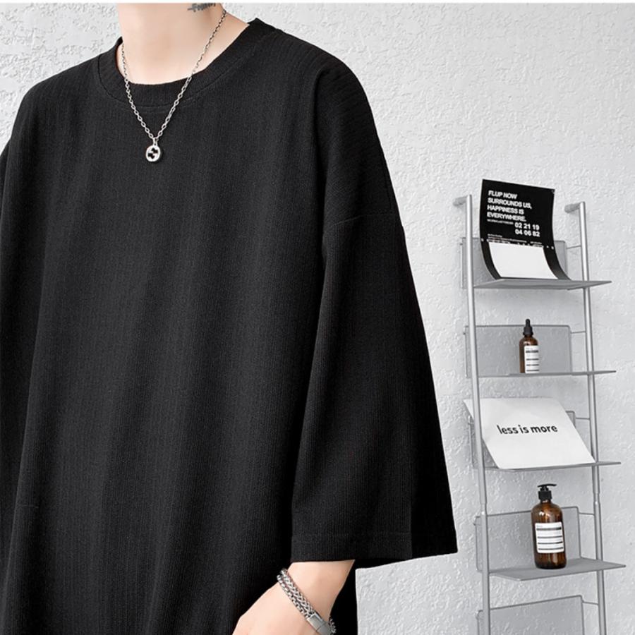 tシャツ 半袖 メンズ 無地 パイル地 秋コーデ ストライプ カットソー トップス ドロップショルダー オーバーサイズ 2024 新作　白T　黒T | ブランド登録なし | 16