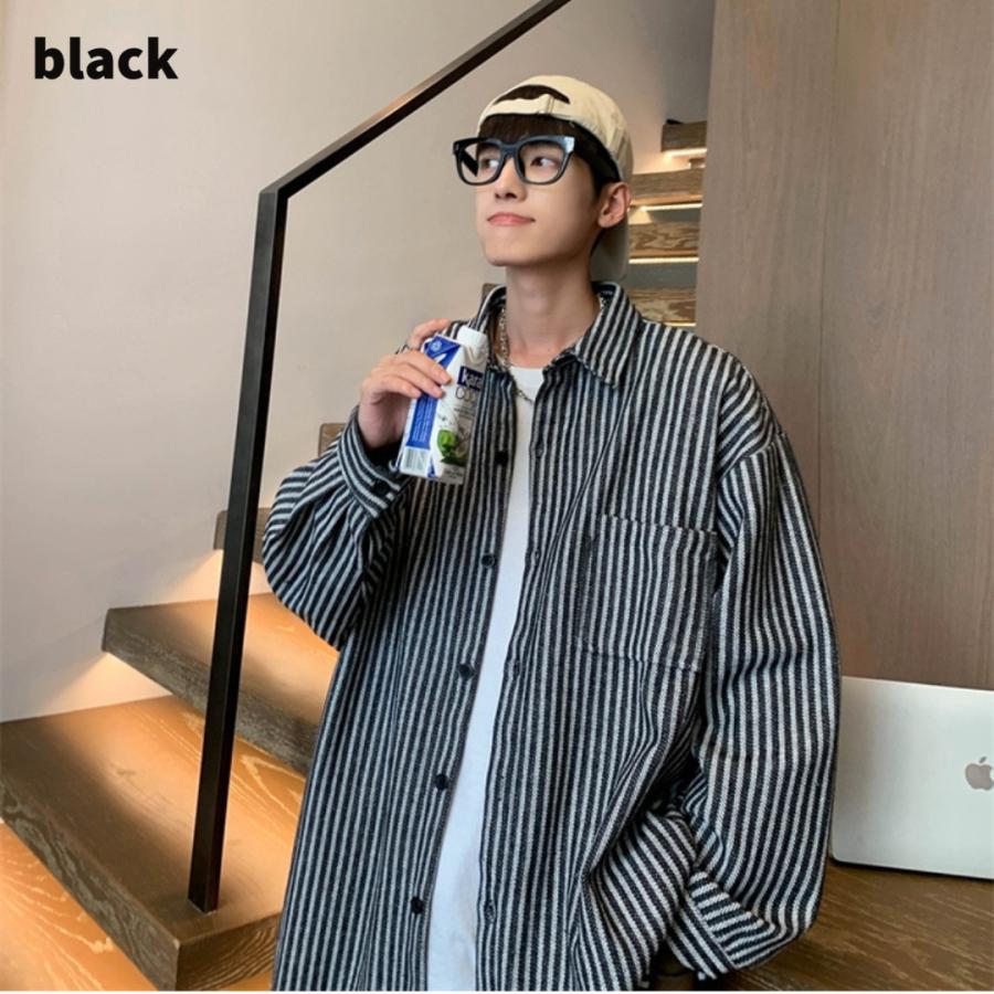 ストライプシャツ メンズ 長袖 レギュラーカラー ゆったり 定番