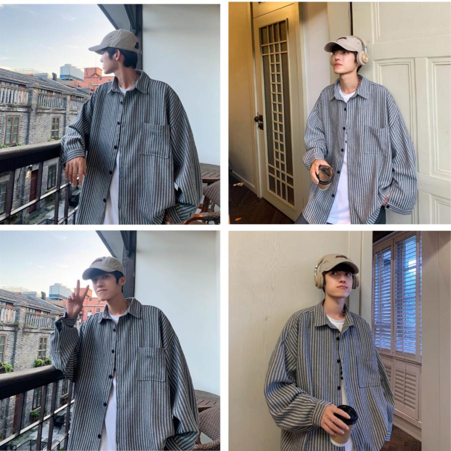 ストライプシャツ メンズ 長袖 レギュラーカラー ゆったり 定番 ドロップショルダー おしゃれ 公園 デート 大きめ | ブランド登録なし | 08