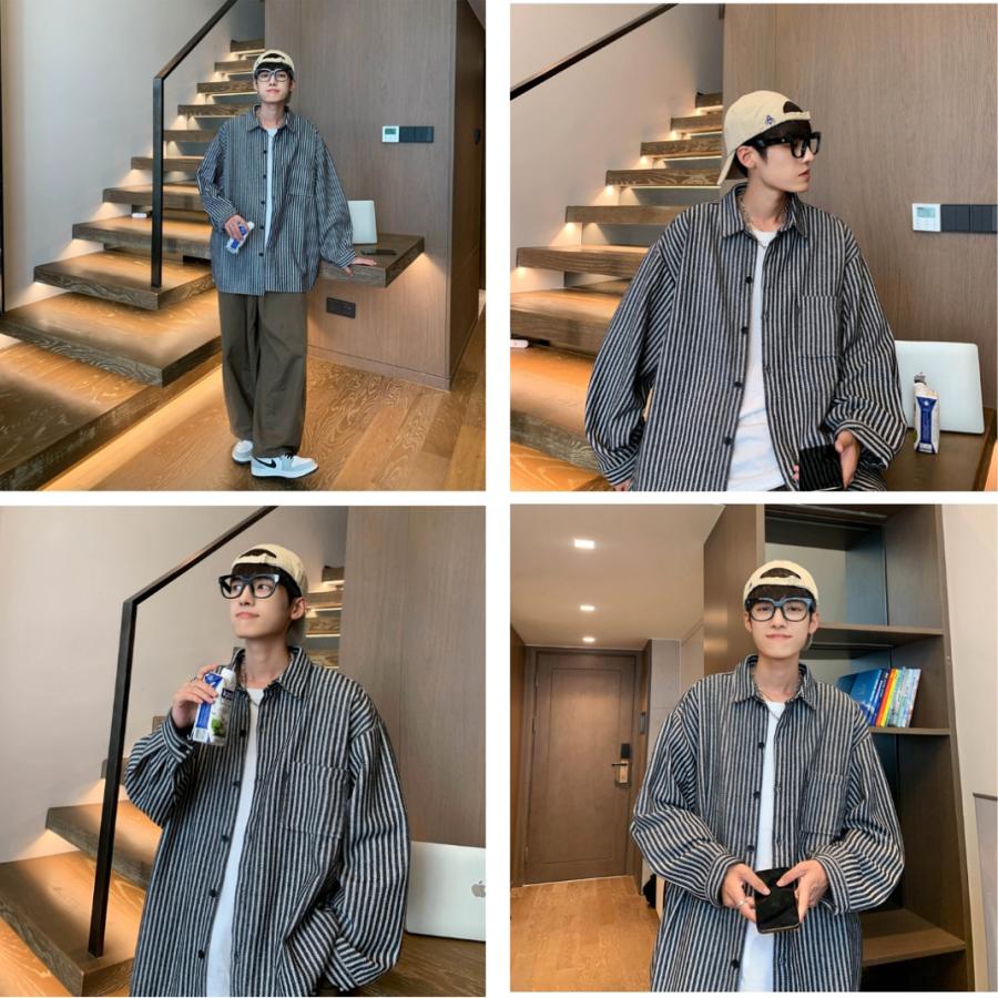 ストライプシャツ メンズ 長袖 レギュラーカラー ゆったり 定番 ドロップショルダー おしゃれ 公園 デート 大きめ | ブランド登録なし | 09