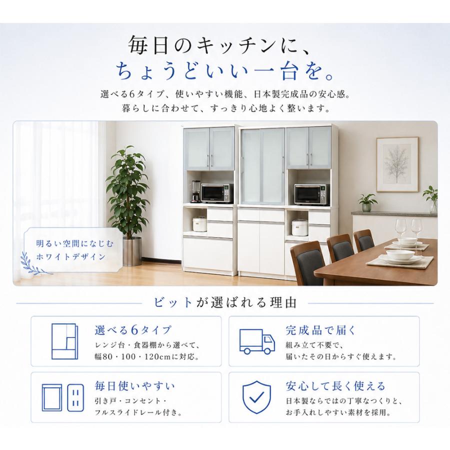 ビッツ 幅100cm | 開梱設置無料 食器棚 レンジ台 完成品 日本製