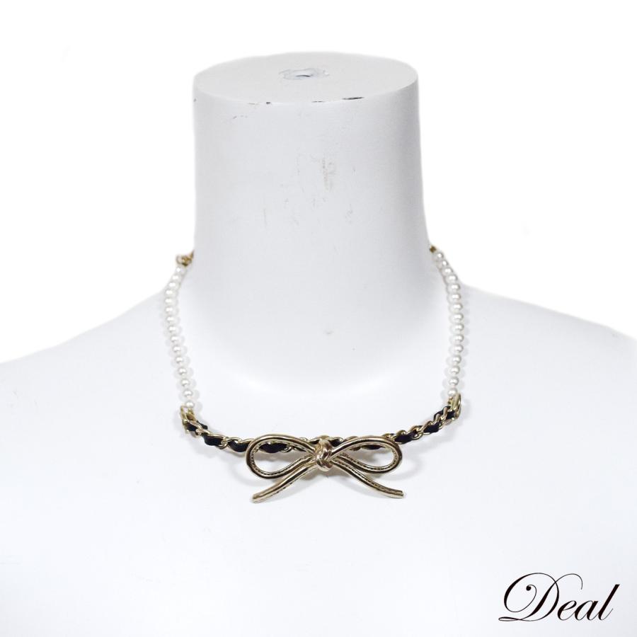 CHANEL SALE 美品 シャネル リボン フェイクパール レザー チェーン 