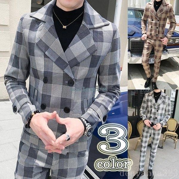 生まれのブランドで カジュアルスーツ メンズ カジュアルスーツメンズセットアップチェック柄ダブルスーツおしゃれサマージャケットテーラード長袖スキニーパンツ上下紳士服 ダブルスーツ チェック柄 セットアップ スーツ フォーマル Www Groupmfi Com