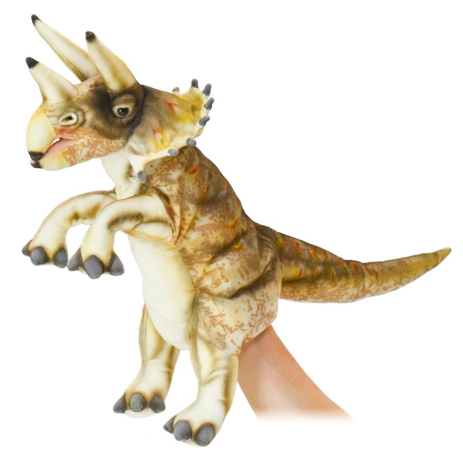 BH7764 トリケラトプス クリーム ハンドパペット HANSA　とりけらとぷす 角竜 恐竜 きょうりゅう リアル | HANSA（ぬいぐるみ）