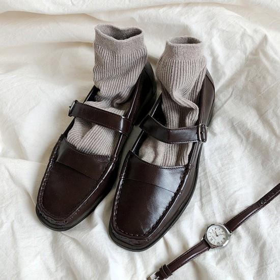 ローファー ベルト ストラップ レディース ローヒール レザー 黒