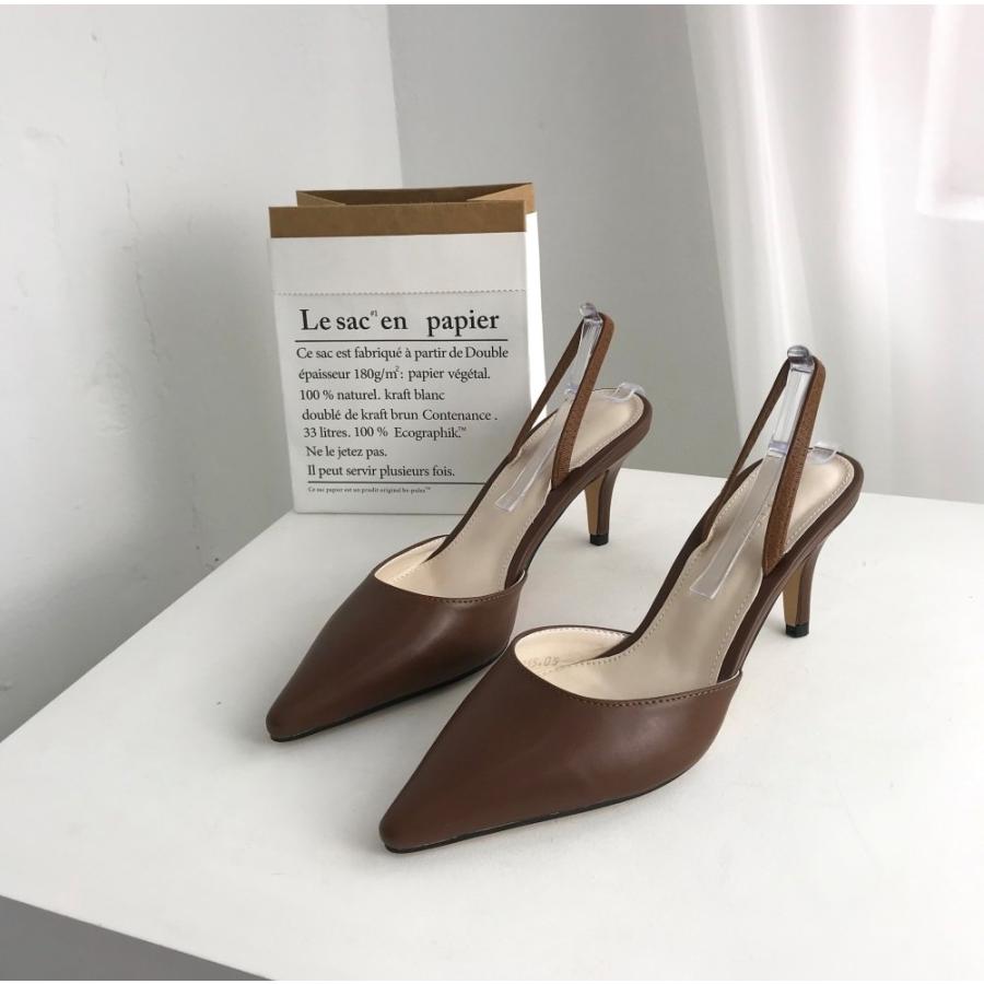 パンプス バックストラップ ポインテッドトゥ ローヒール 黒 白 茶色 