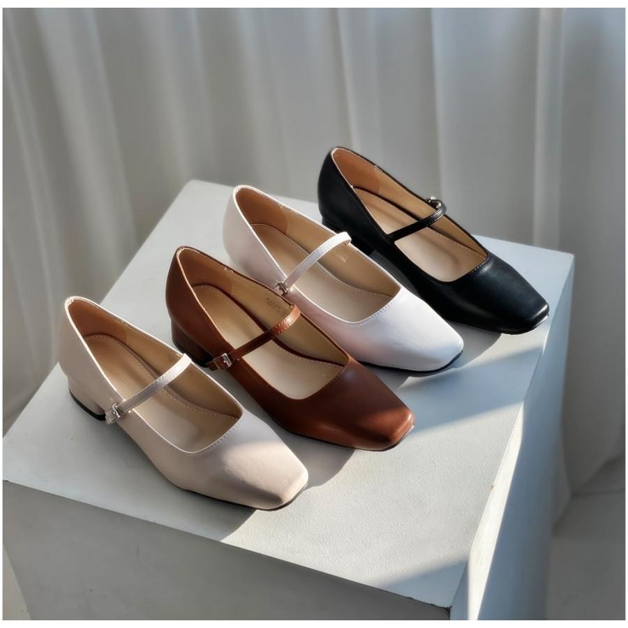 パンプス スクエアトゥ フロントストラップ ローヒール レディース 黒