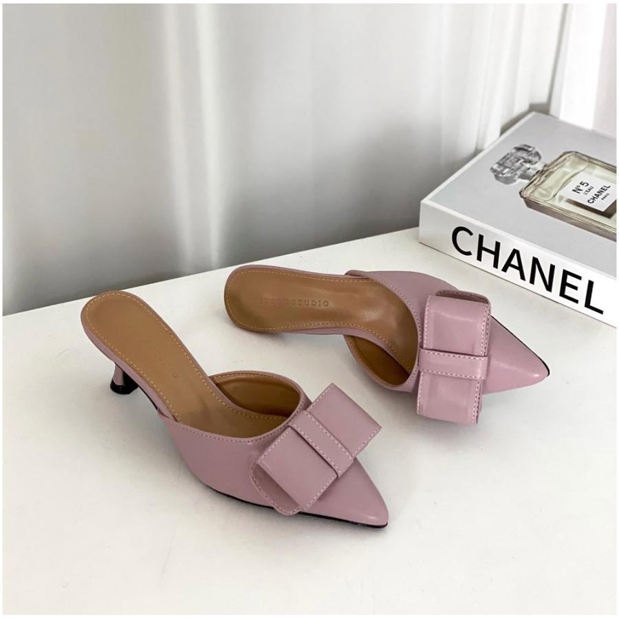 サンダル ミュール ポインテッドトゥ リボン りぼん モチーフ