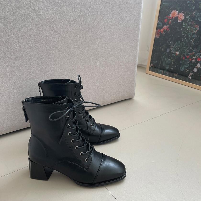 ショートブーツ スクエアトゥ レースアップ サイドジップ レディース