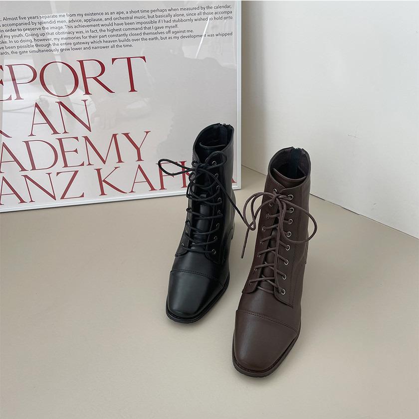 ショートブーツ スクエアトゥ レースアップ サイドジップ レディース