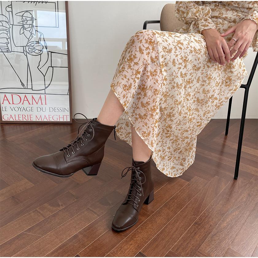 ショートブーツ スクエアトゥ レースアップ サイドジップ レディース