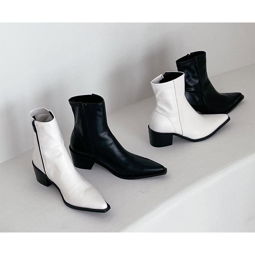 ショートブーツ サイドジップ ポインテッドトゥ レディース チャンキー