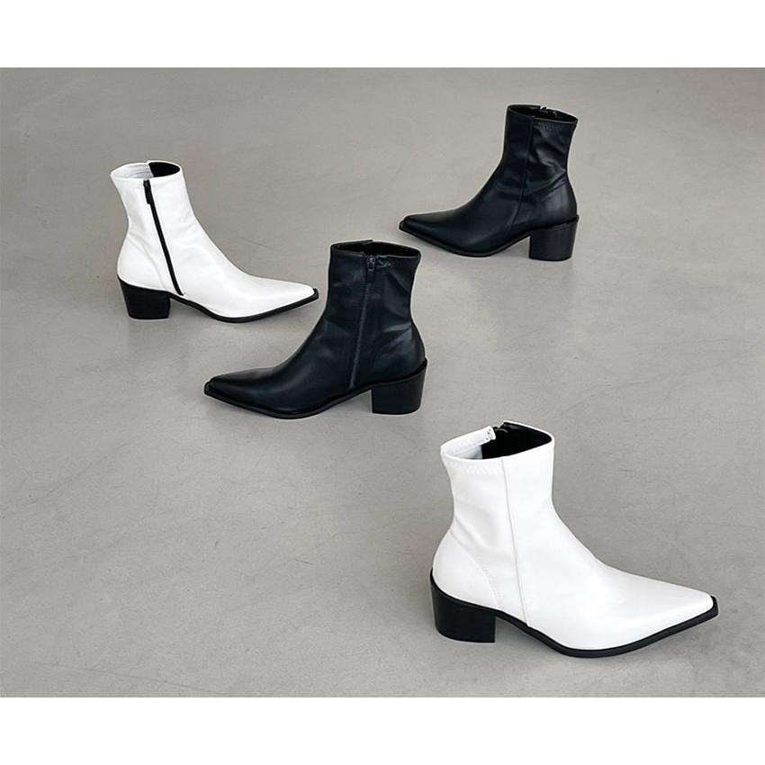 ショートブーツ サイドジップ ポインテッドトゥ レディース チャンキー