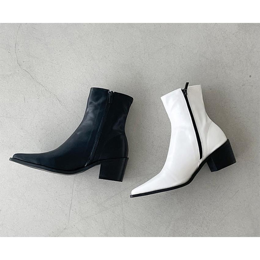 ショートブーツ サイドジップ ポインテッドトゥ レディース チャンキー